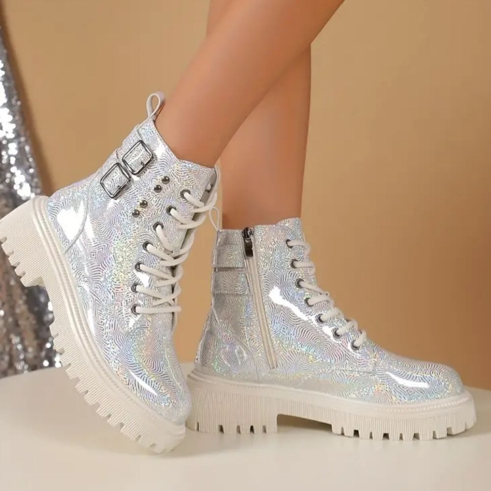 Ladies Silvery platform combat boots sz 8.5